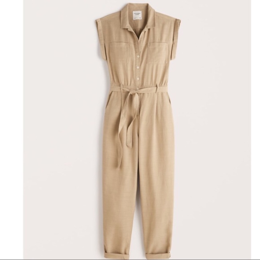 Abercrombie & Fitch Tan Utility Linen Blend Tie Waist Jumpsuit